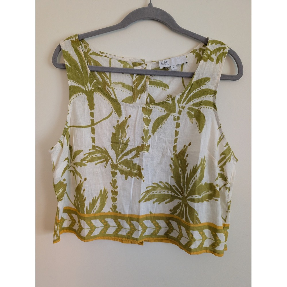 C&C California Linen Tropical Palm Parrot Button Back Crop Tank Top Large beachy
